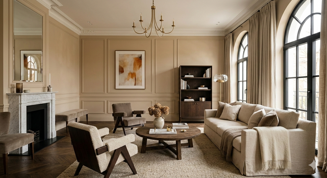 Warme woonkamer met beige muren en subtiele sierlijsten, ingericht in een modern klassieke stijl met natuurlijke materialen en zacht daglicht