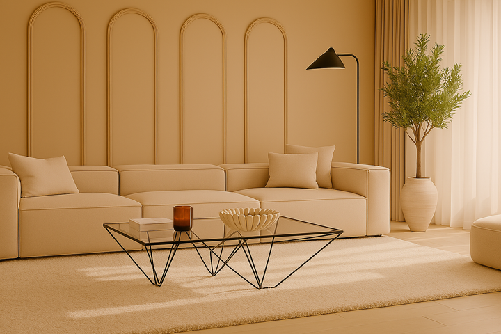 Luxe Japandi woonkamer met beige bank, sierlijsten op de muur en olijfboom in een keramieken vaas.