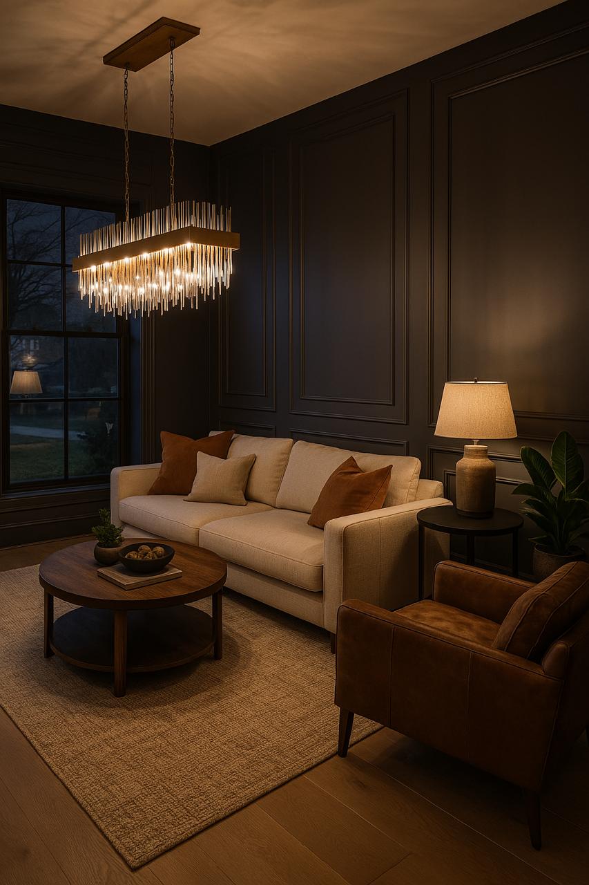 Sfeervolle woonkamer in avondsfeer met donkere sierlijsten, warme verlichting en beige bank met cognackleurige accenten